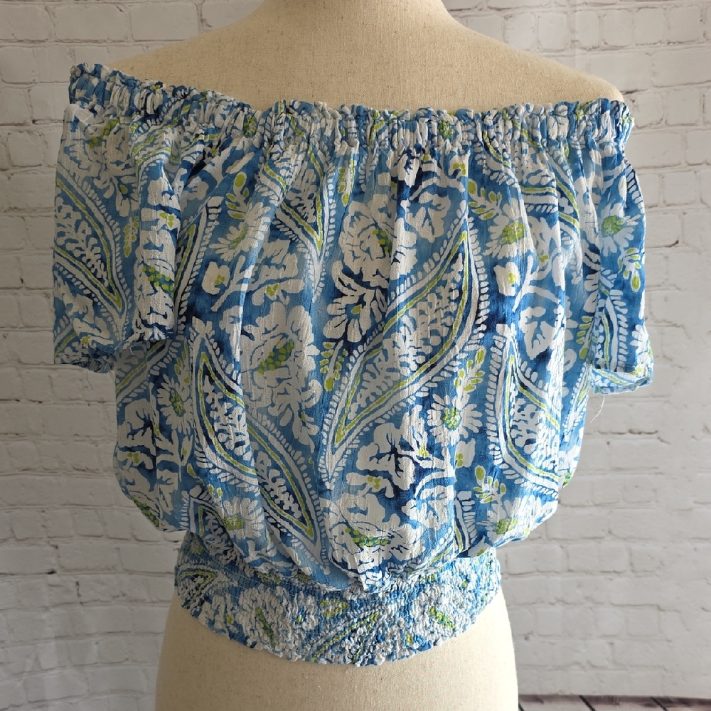 Christian‎ Siriano NY Blue White Paisley Linen Blend Smocked Top Small